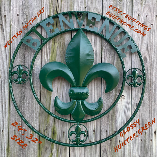 24", 32" GLOSSY HUNTER GREEN FLEUR DE LIS BIENVENUE METAL WALL ART WESTERN HOME DECOR