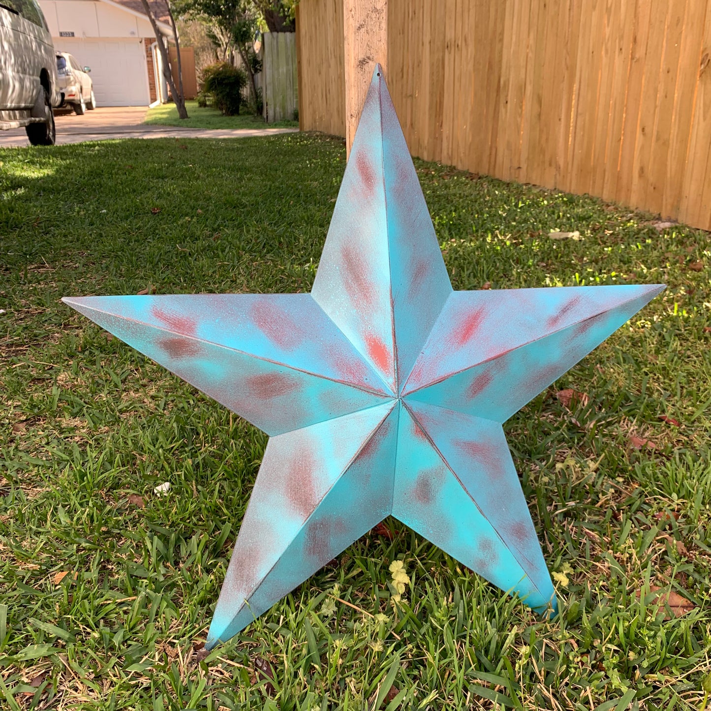 #EH10480 TURQUOISE DISTRESSED TWO TONE BARN STAR METAL ART WESTERN HOME DECOR HANDMADE NEW