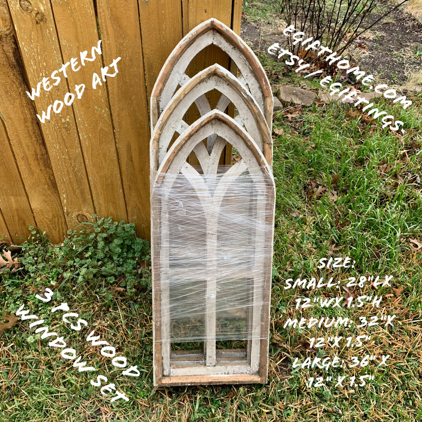 28",32",36" CATHEDRAL WINDOW WOOD 3PCS SET WESTERN HOME DECOR HANDMADE CRAFT NEW #EH11560