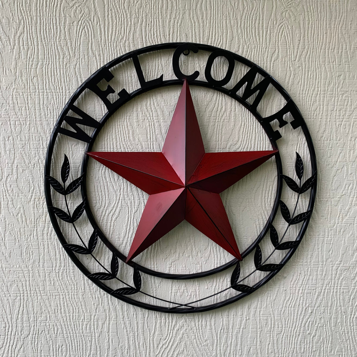 24" WELCOME LEAF LEAVES STAR METAL WALL ART WESTERN HOME DECOR RUSTIC RED HANDMADE