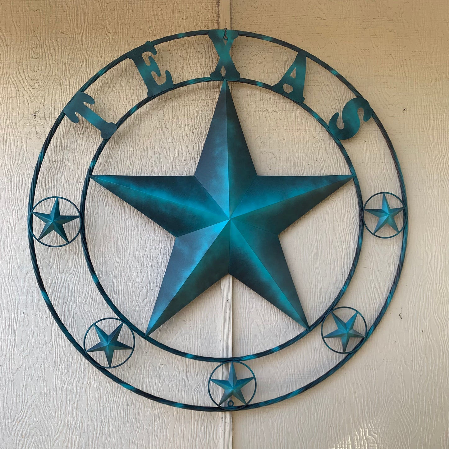 TEXAS LONESTAR TURQUOISE DISTRESSED TWO TONE METAL BARN STAR TWISTED ROPE RING WALL ART WESTERN HOME DECOR HANDMADE NEW #EH10483