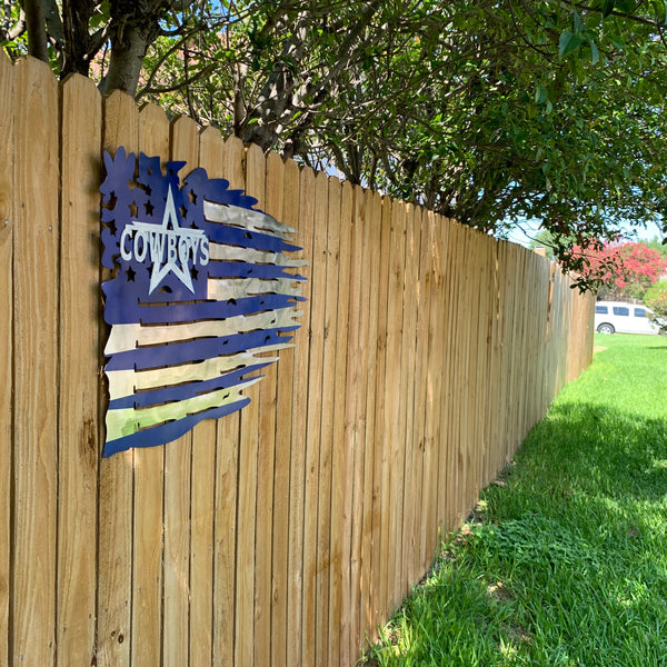 DALLAS COWBOYS METAL TATTERED FLAG BRIGHT BLUE & SILVER CUSTOM VINTAGE CRAFT TEAM SIGN HANDMADE