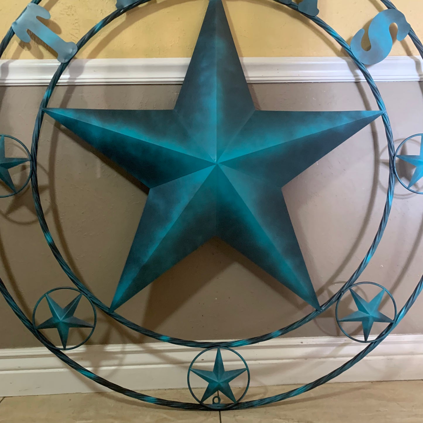 TEXAS LONESTAR TURQUOISE DISTRESSED TWO TONE METAL BARN STAR TWISTED ROPE RING WALL ART WESTERN HOME DECOR HANDMADE NEW #EH10483