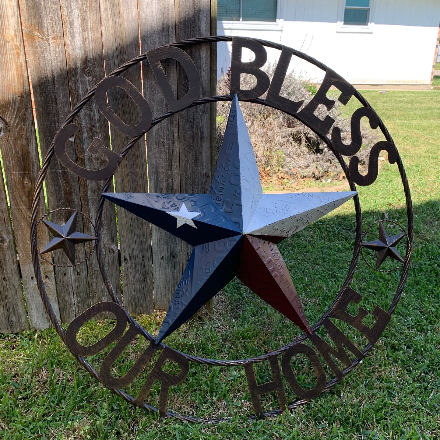 GOD BLESS OUR HOME LICENSE PLATE BARN METAL STAR ROPE RING WALL ART WESTERN HOME DECOR RED WHITE BLUE HANDMADE #EH12927