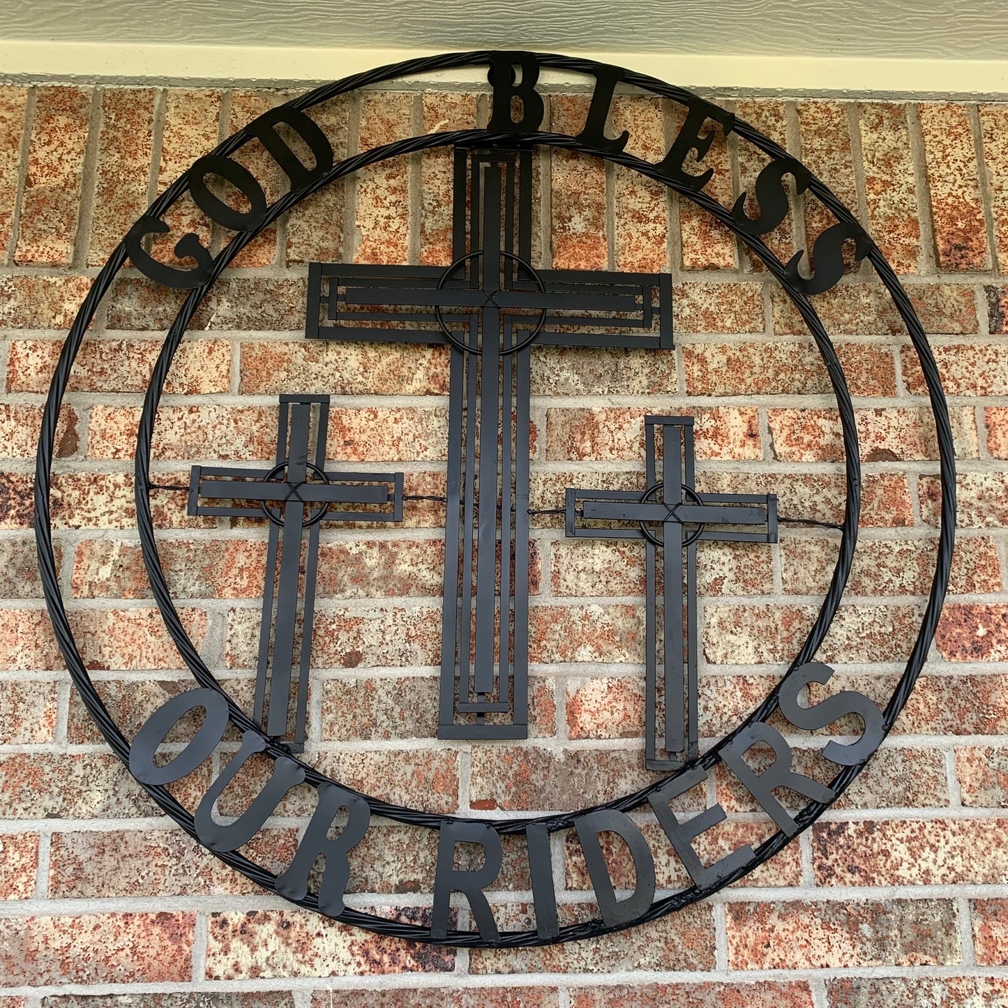 40"GOD BLESS OUR RIDERS CRUCIFIX BLACK CROSS METAL WALL ART HANDMADE
