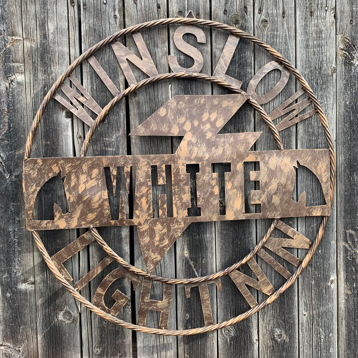 CUSTOM NAME LIGHTNIN HORSE STYLE SIGN RAW METAL BARN ROPE RING WESTERN HOME DECOR HANDMADE 24",32",36"