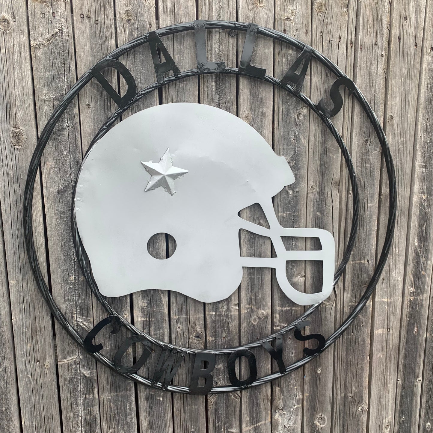 24", 32",36" DALLAS COWBOYS HELMET SIGN SILVER & BLACK CUSTOM METAL VINTAGE CRAFT TEAM SIGN HANDMADE