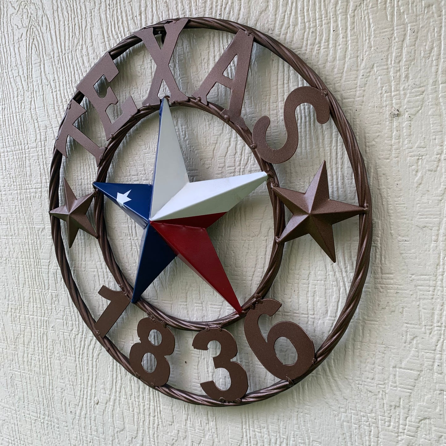 16" TEXAS 1836 RED WHITE BLUE TEXAS FLAG STAR BRONZE RING METAL BARN STAR WESTERN HOME DECOR HANDMADE NEW ART