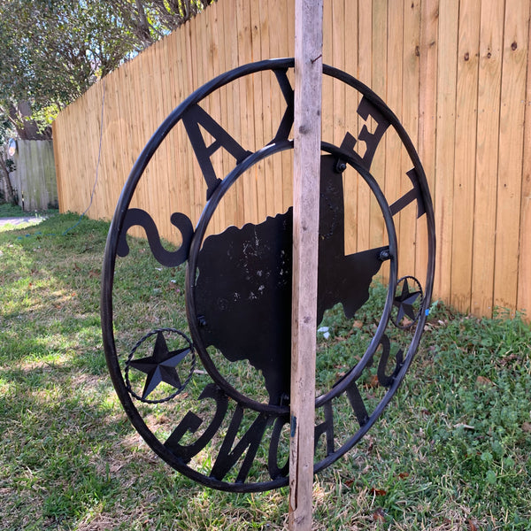 TEXAS STRONG SIGN METAL WALL ART WESTERN HOME DECOR RED WHITE BLUE WITH BRONZE RING HANDMADE #EH13212