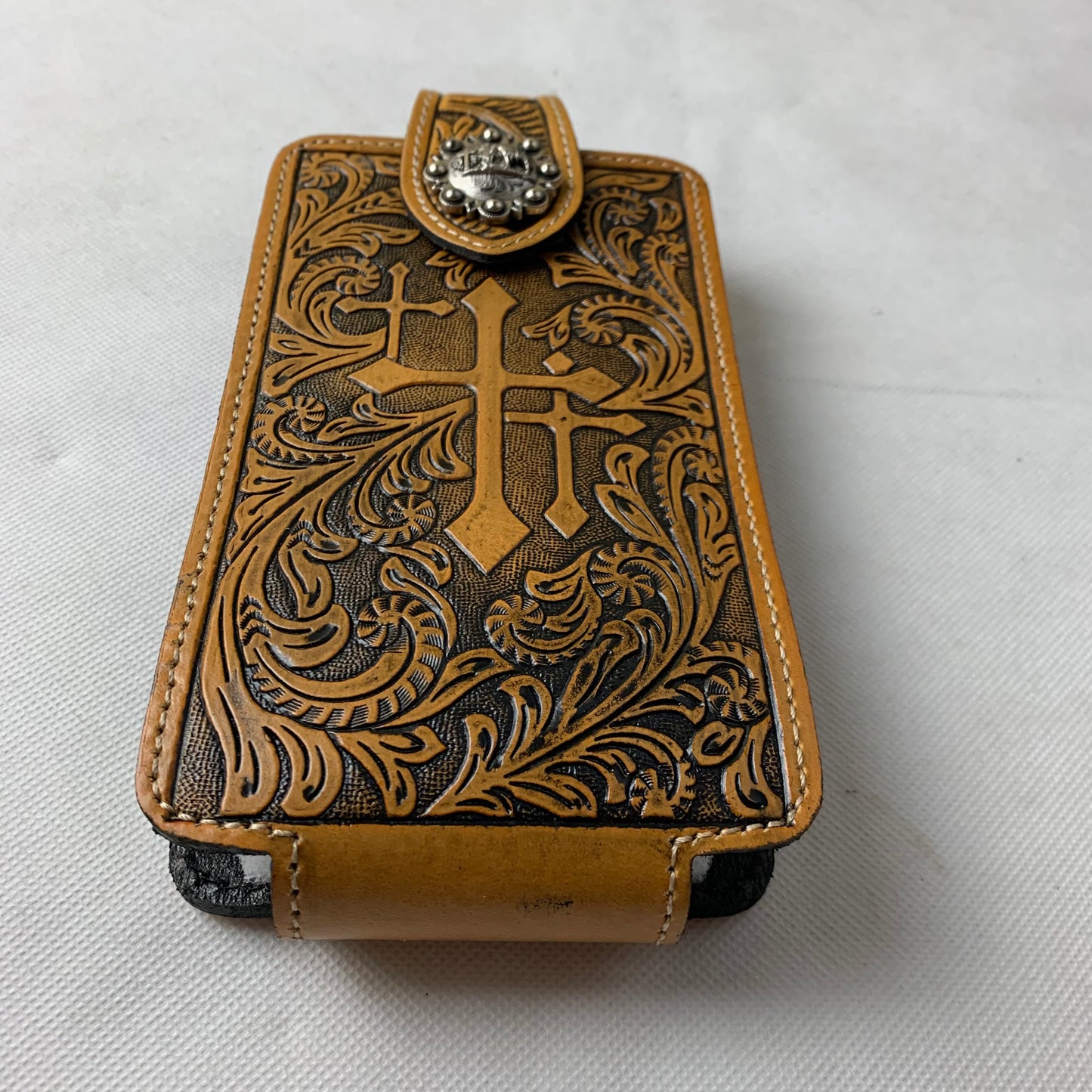 7" COWBOY PRAYER CROSS TAN BROWN  LEATHER POUCH EXTRA LARGE  BELT LOOP HOLSTER CELL PHONE CASE UNIVERSAL OVERSIZE #EH12968