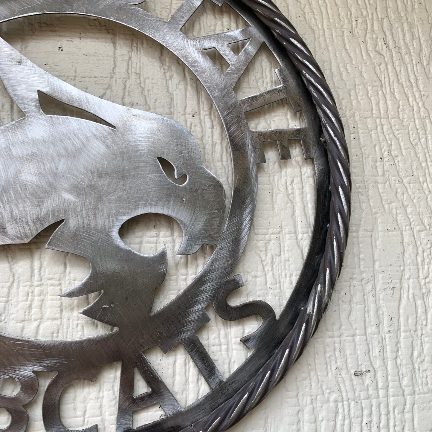 12" TEXAS STATE BOBCATS CUSTOM RAW METAL VINTAGE CRAFT SIGN TEAM ART HANDMADE IN TEXAS