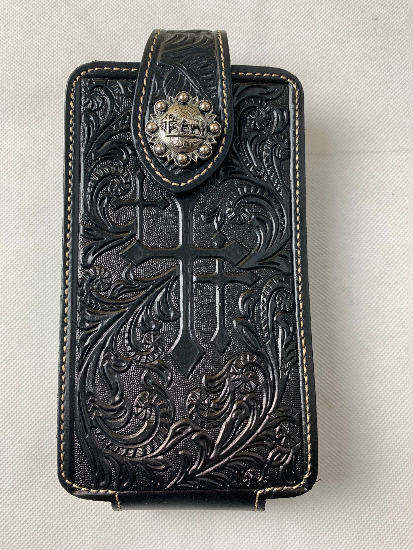 #WS341D 7" COWBOY PRAYER CROSS HOLSTER BLACK LEATHER POUCH EXTRA LARGE  BELT LOOP CELL PHONE CASE UNIVERSAL OVERSIZE--FREE SHIPPING