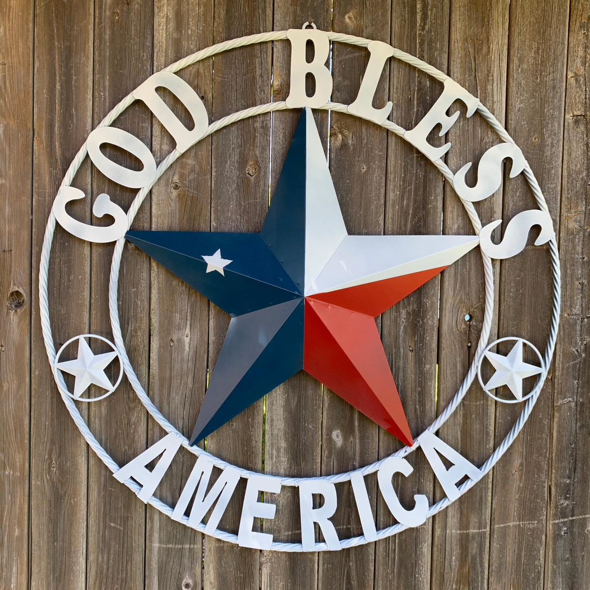 GOD BLESS AMERICA WHITE RING & RED WHITE BLUE BARN METAL STAR TWISTED RING HANDMADE NEW