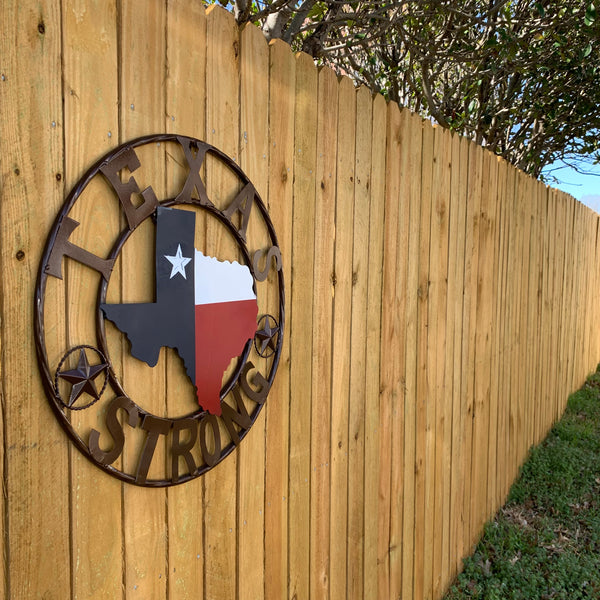 TEXAS STRONG SIGN METAL WALL ART WESTERN HOME DECOR RED WHITE BLUE WITH BRONZE RING HANDMADE #EH13212