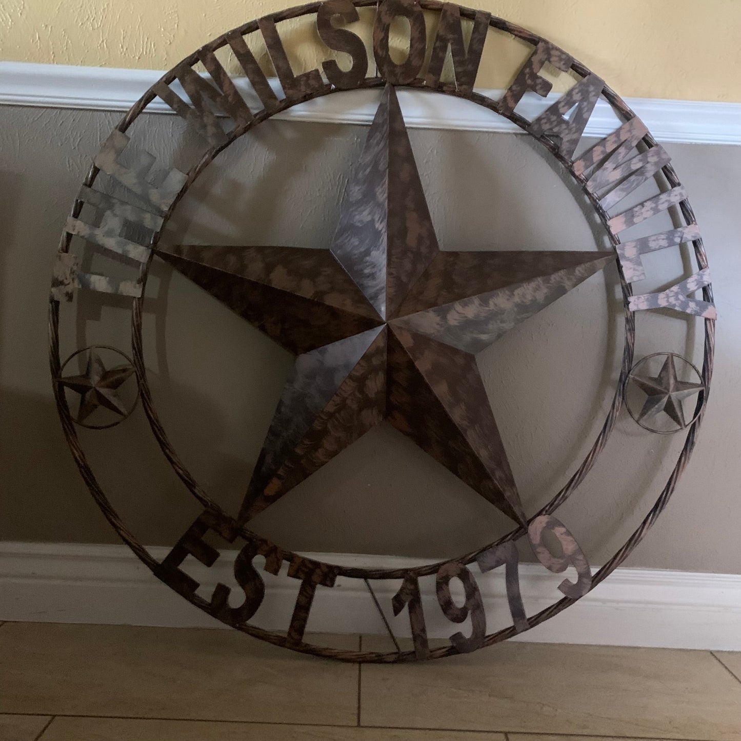 COLOMINA STYLE YOUR CUSTOM NAME BARN STAR BRONZE BRUSH COPPER METAL STAR 3d TWISTED ROPE RING COLOMINA WESTERN HOME DECOR RUSTIC VINTAGE HANDMADE 24",32",36",40",42",44",46",50"