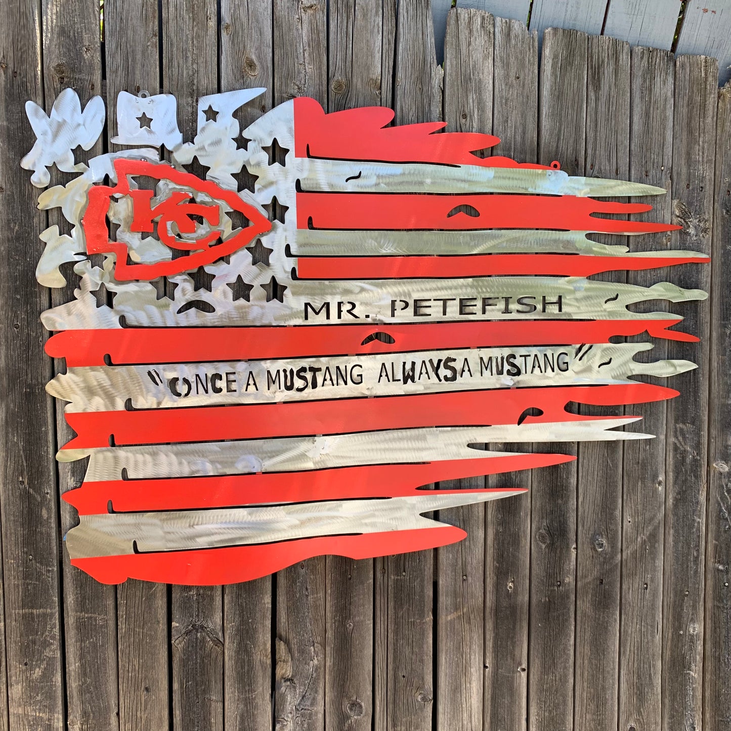 CUSTOM NAME KANSAS CITY CHIEFS METAL TATTERED FLAG CUSTOM VINTAGE CRAFT WALL ART HANDMADE