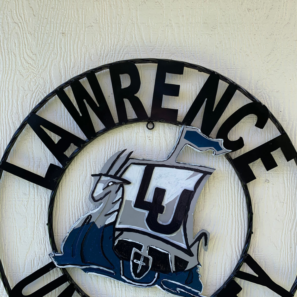 LAWRENCE UNIVERSITY METAL CUSTOM VINTAGE CRAFT WALL ART RUSTIC BLUE SILVER WHITE TEAM SIGN HANDMADE