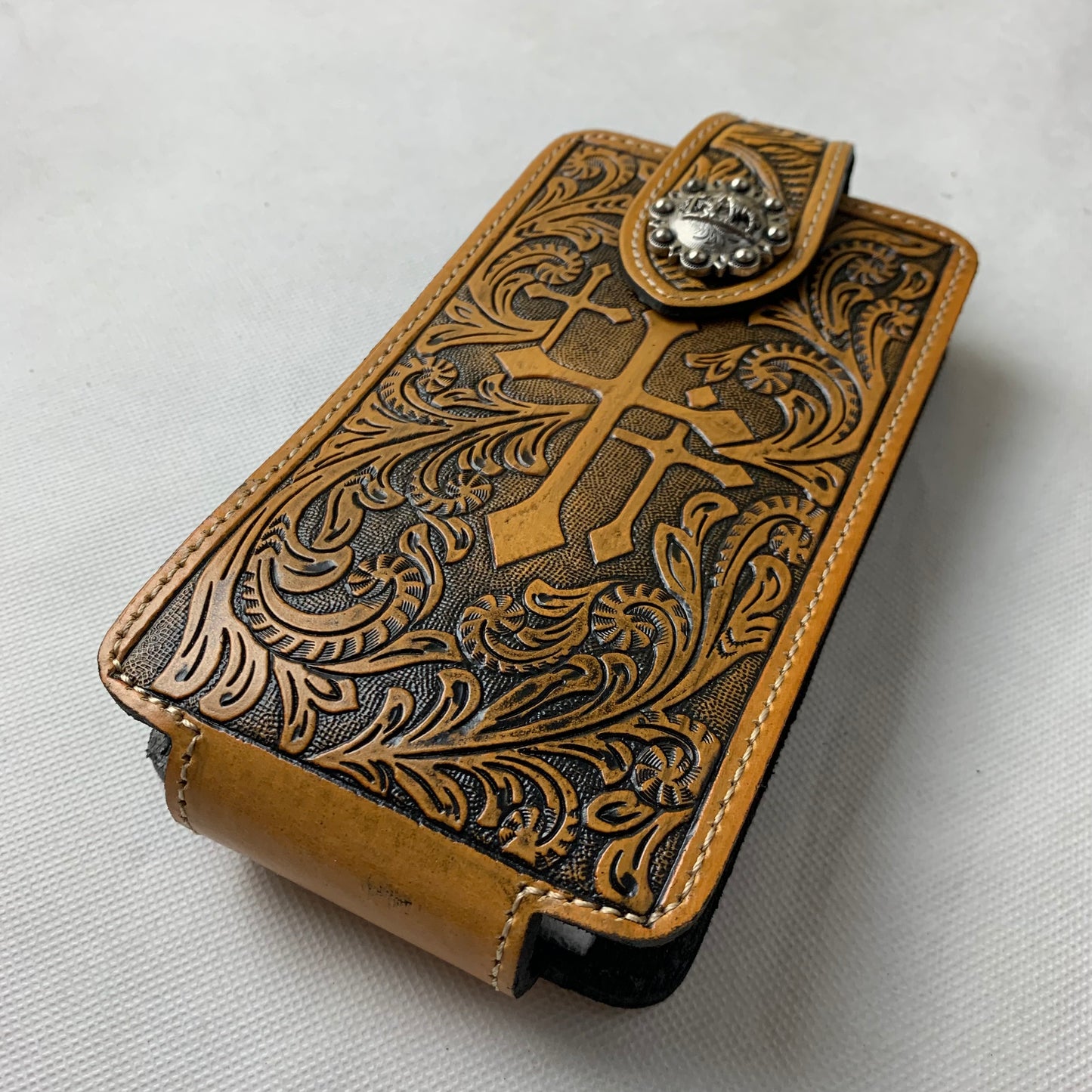 7" COWBOY PRAYER CROSS TAN BROWN  LEATHER POUCH EXTRA LARGE  BELT LOOP HOLSTER CELL PHONE CASE UNIVERSAL OVERSIZE #EH12968