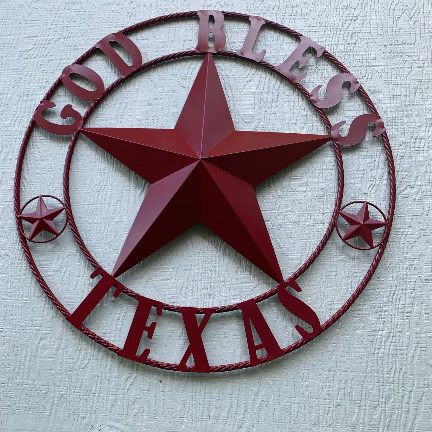 24",32",40",50" BURGUNDY RED GOD BLESS TEXAS BARN STAR ROPE RING METAL WALL ART WESTERN HOME DECOR NEW