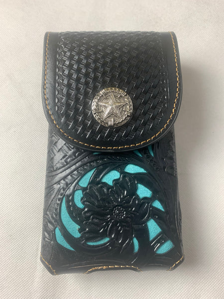 #LG1006 7" LONE STAR BLACK & TURQUOISE LEATHER POUCH EXTRA LARGE  BELT LOOP HOLSTER CELL PHONE CASE UNIVERSAL OVERSIZE--FREE SHIPPING