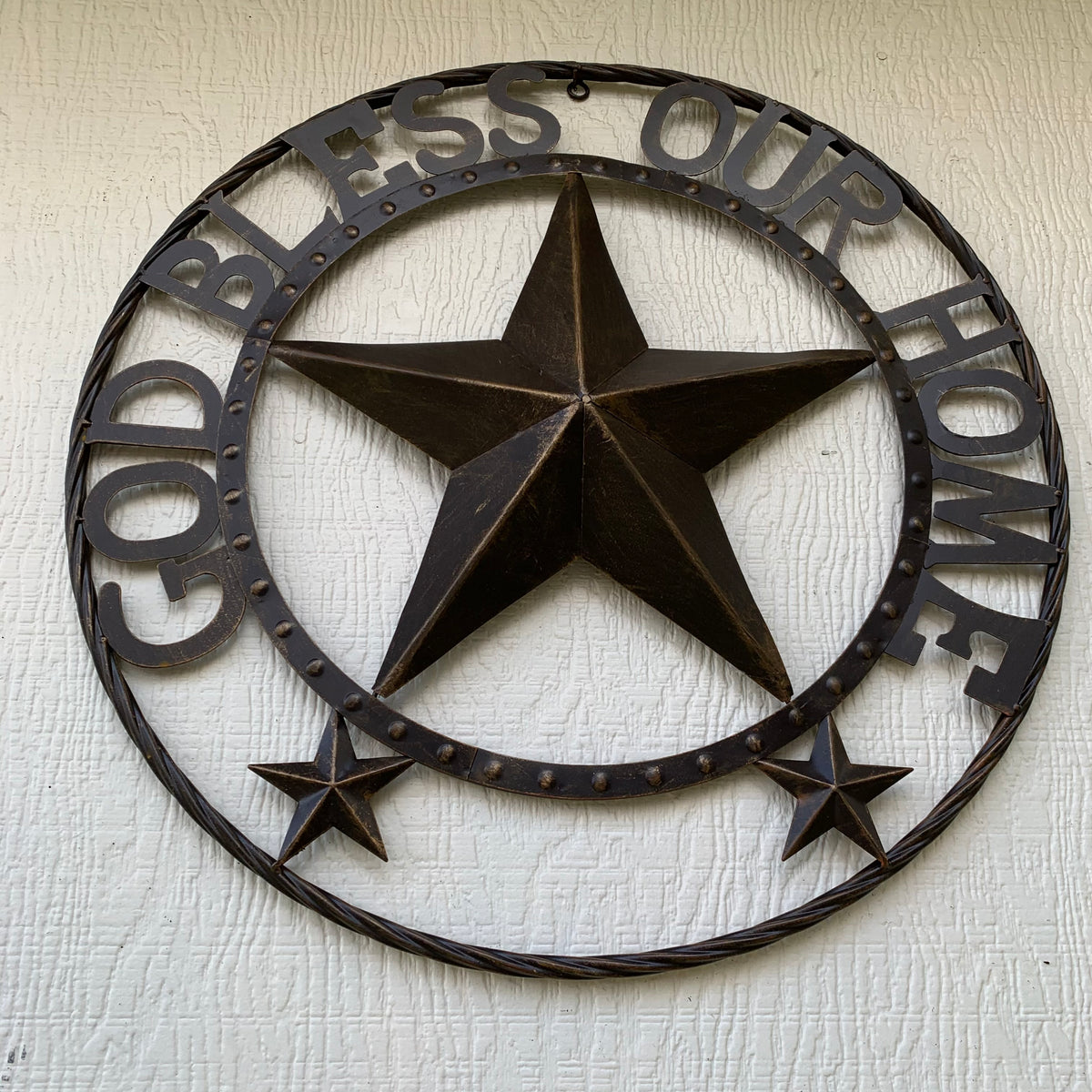 24" GOD BLESS OUR HOME BEADED STAR COLIBROX METAL TWISTED ROPE RING LONE STAR WALL ART WESTERN HOME DECOR RUSTIC DARK BRONZE COPPER HANDMADE NEW