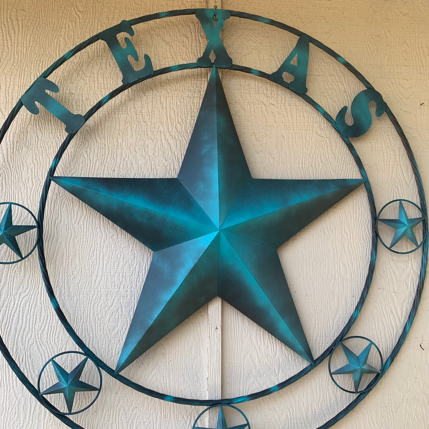 TEXAS LONESTAR TURQUOISE DISTRESSED TWO TONE METAL BARN STAR TWISTED ROPE RING WALL ART WESTERN HOME DECOR HANDMADE NEW #EH10483