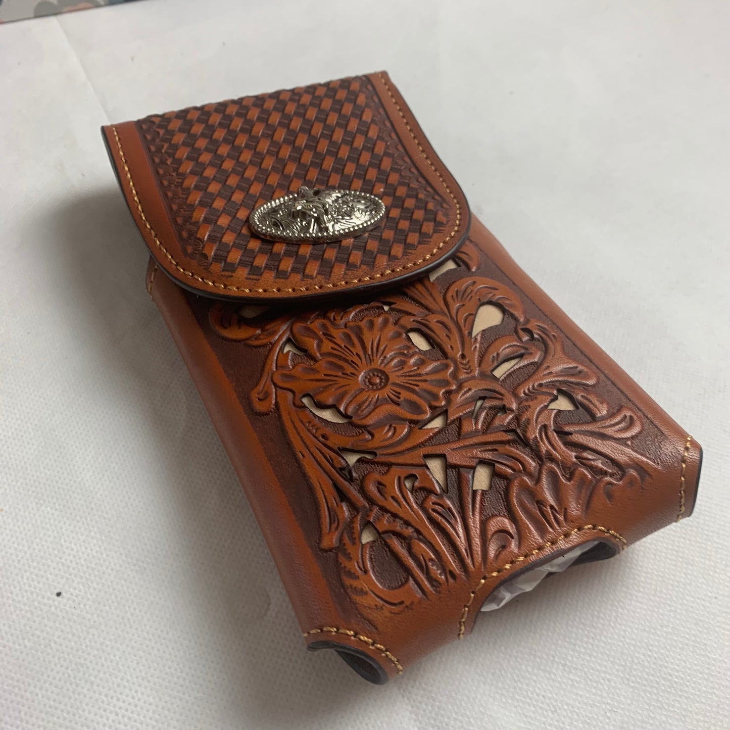7.5" RODEO BULL RIDER TAN BEIGE LEATHER POUCH EXTRA LARGE  BELT LOOP HOLSTER CELL PHONE CASE UNIVERSAL OVERSIZE HANDMADE #EH12963