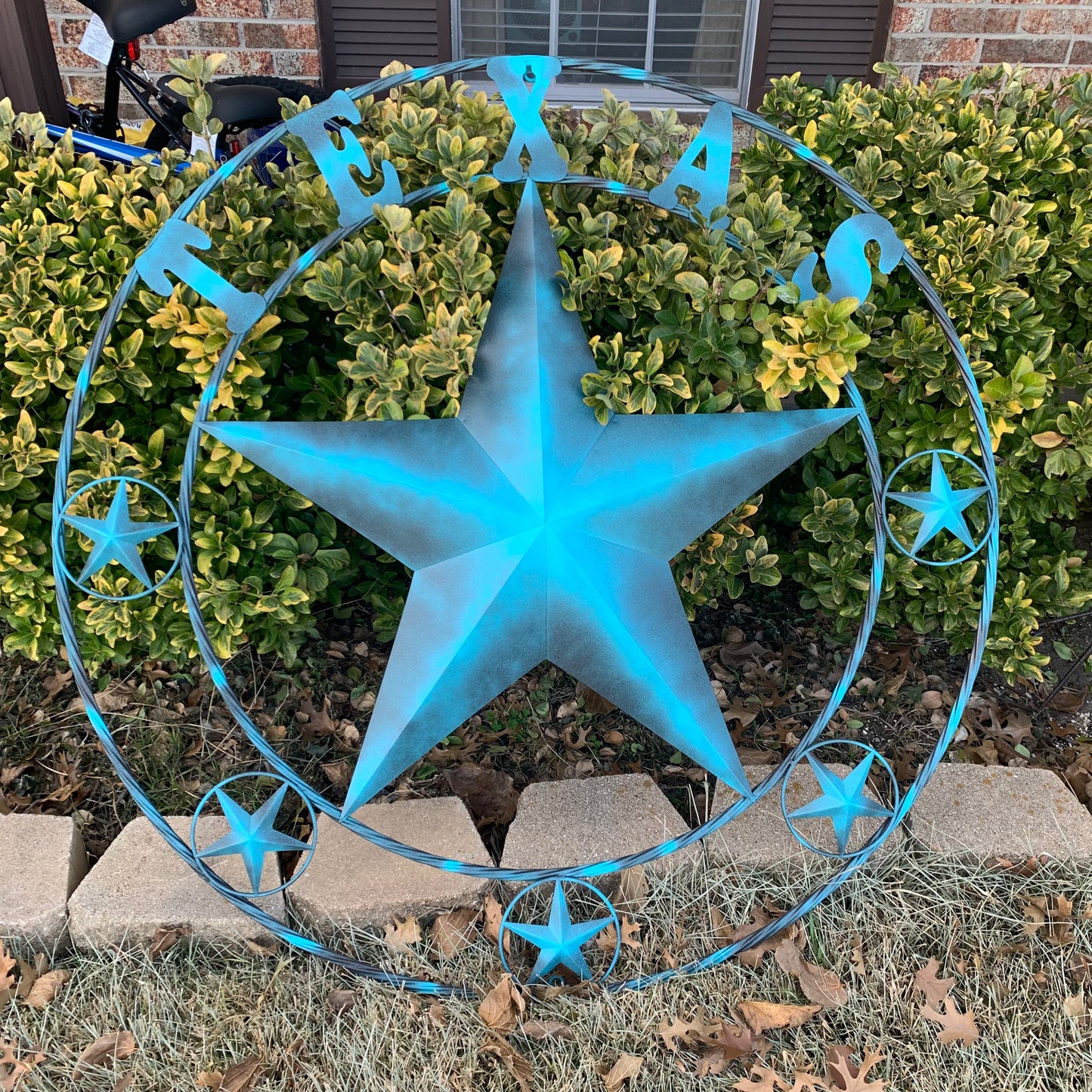 TEXAS LONESTAR TURQUOISE DISTRESSED TWO TONE METAL BARN STAR TWISTED ROPE RING WALL ART WESTERN HOME DECOR HANDMADE NEW #EH10483
