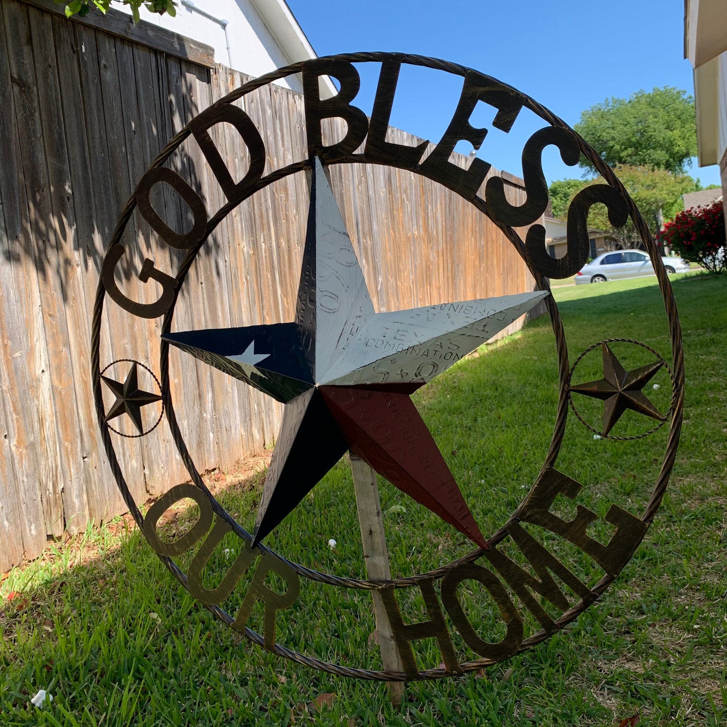GOD BLESS OUR HOME LICENSE PLATE BARN METAL STAR ROPE RING WALL ART WESTERN HOME DECOR RED WHITE BLUE HANDMADE #EH12927