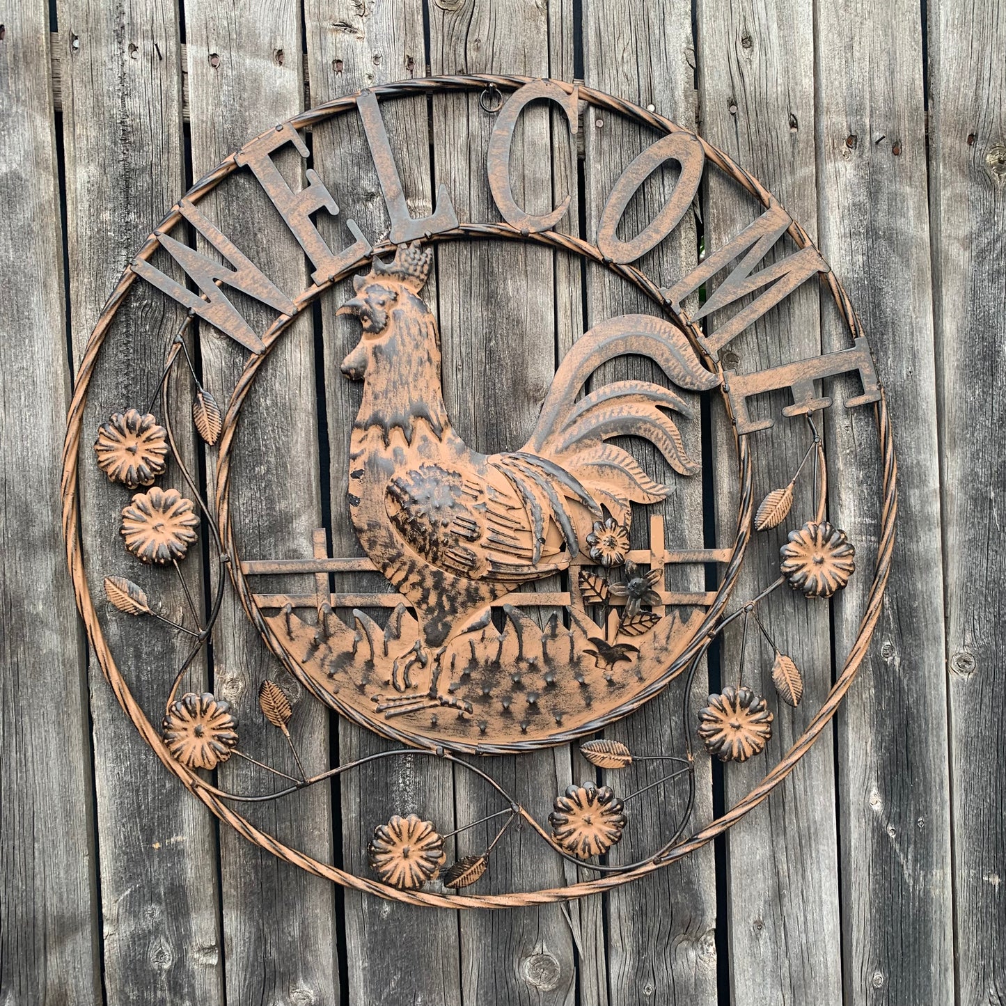 #EH11437 ROOSTER WELCOME 24" SCROLL ART METAL SIGN WESTERN HOME DECOR NEW