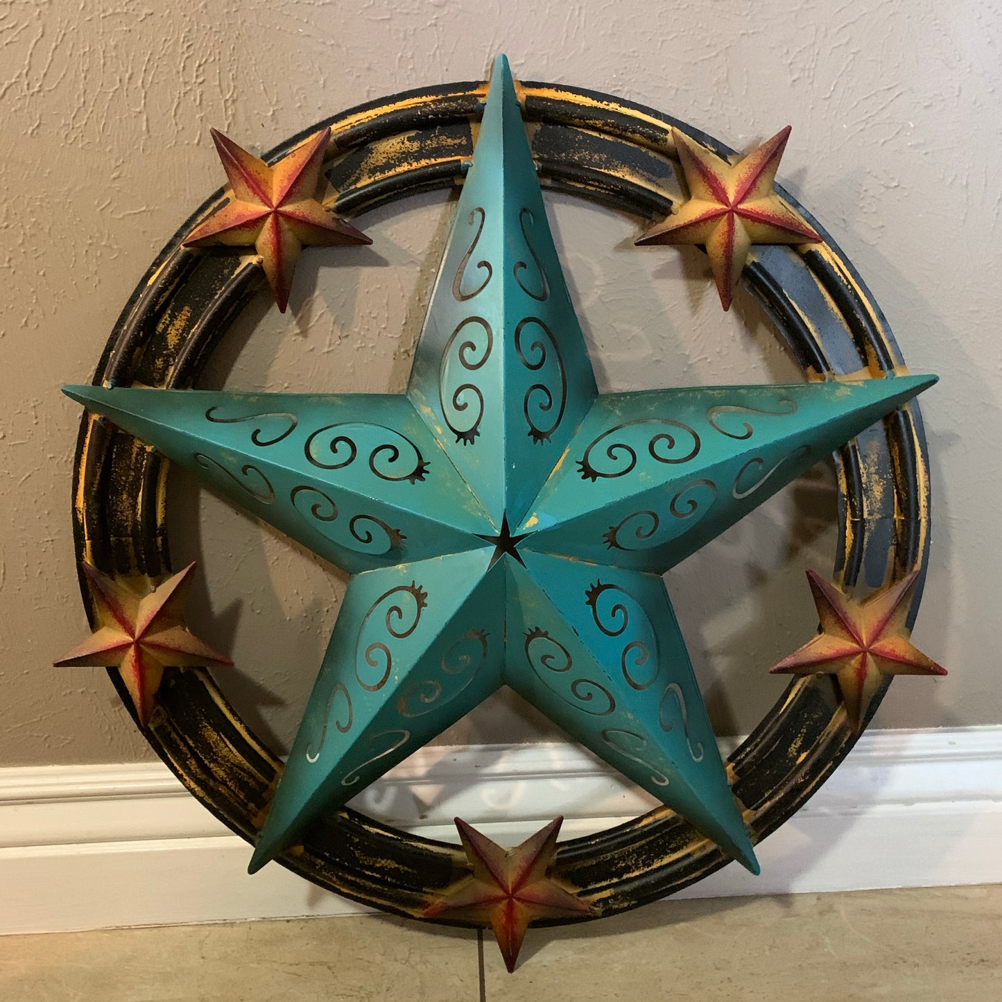 #RT5045 TURQUOISE CARVED CUT STAR 26",36", BARN METAL WESTERN HOME DECOR HANDMADE NEW