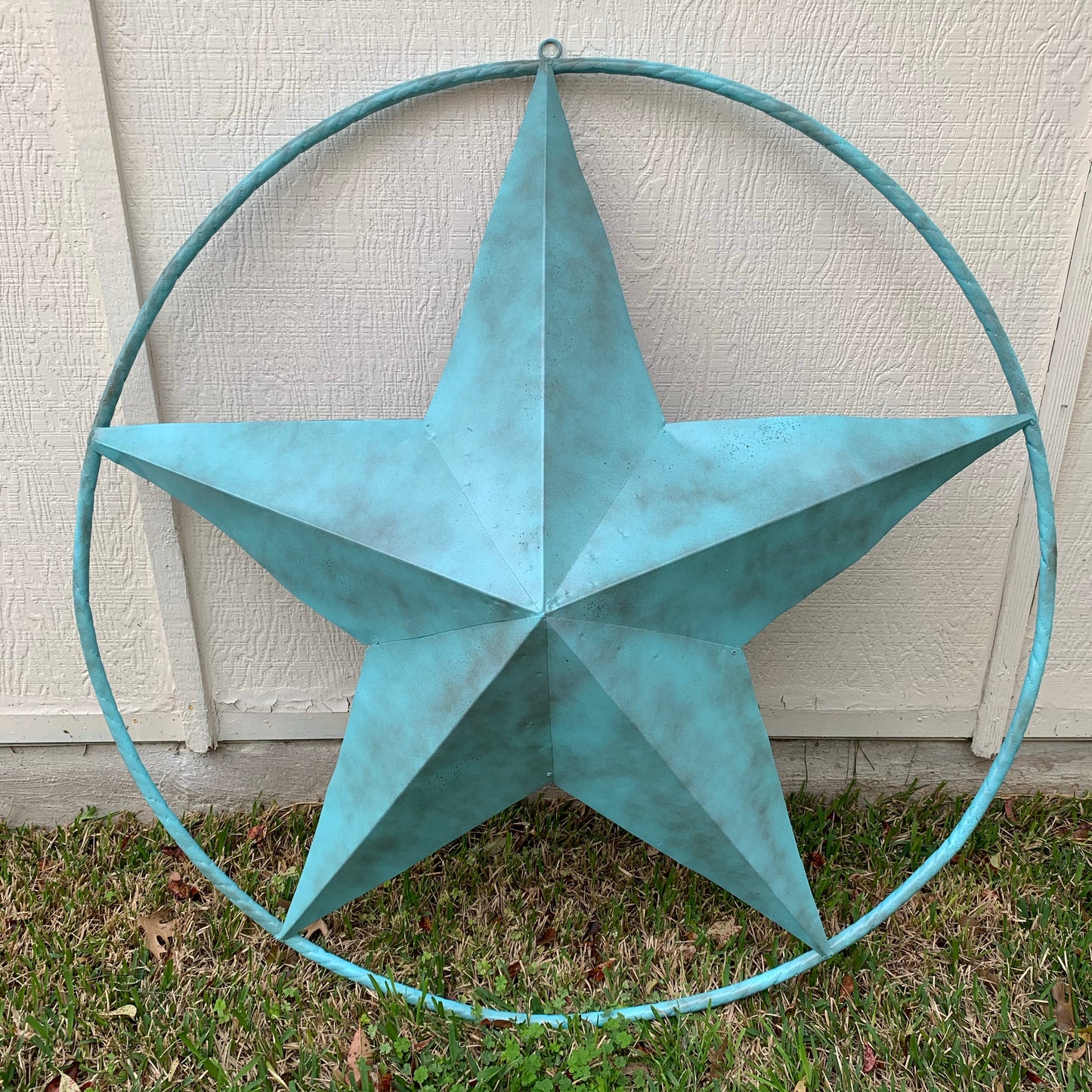 #EH10485 TURQUOISE DISTRESSED TWO TONE BARN STAR METAL LONESTAR TWISTED ROPE RING WETSERN HOME DECOR HANDMADE NEW