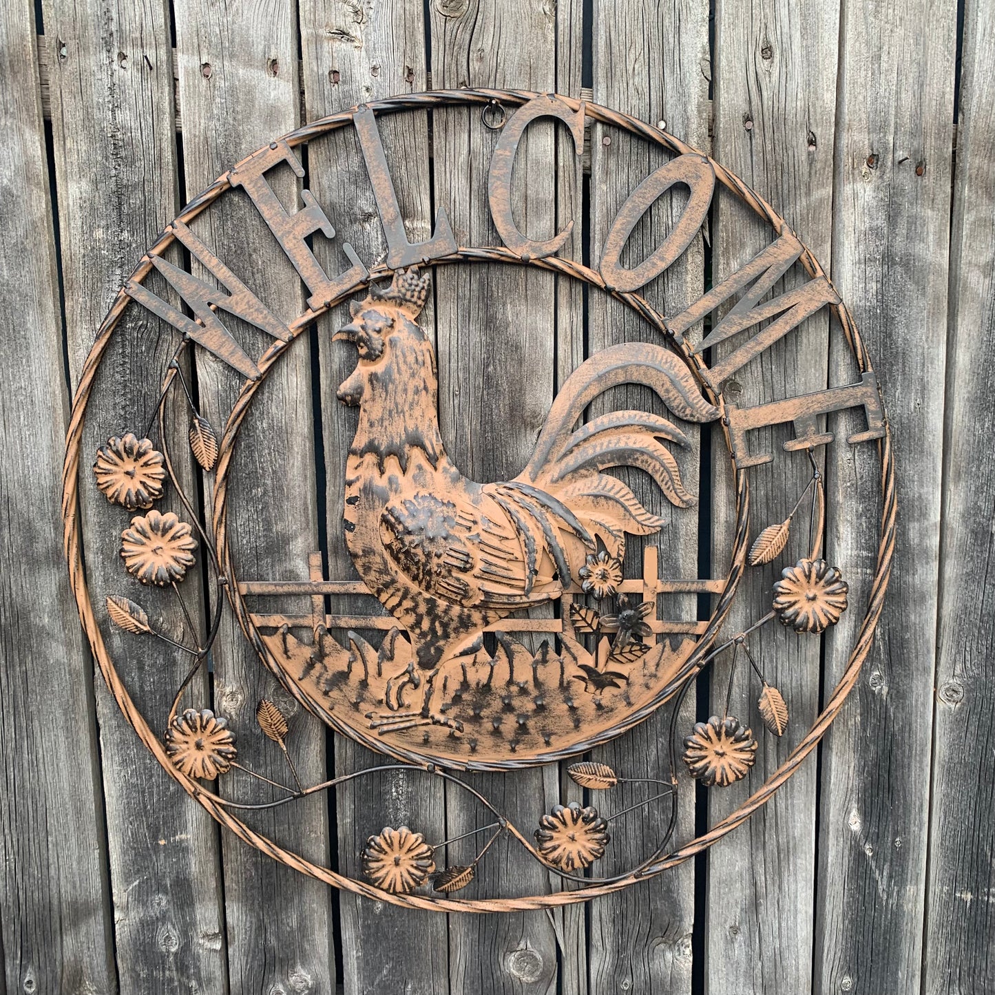 #EH11437 ROOSTER WELCOME 24" SCROLL ART METAL SIGN WESTERN HOME DECOR NEW