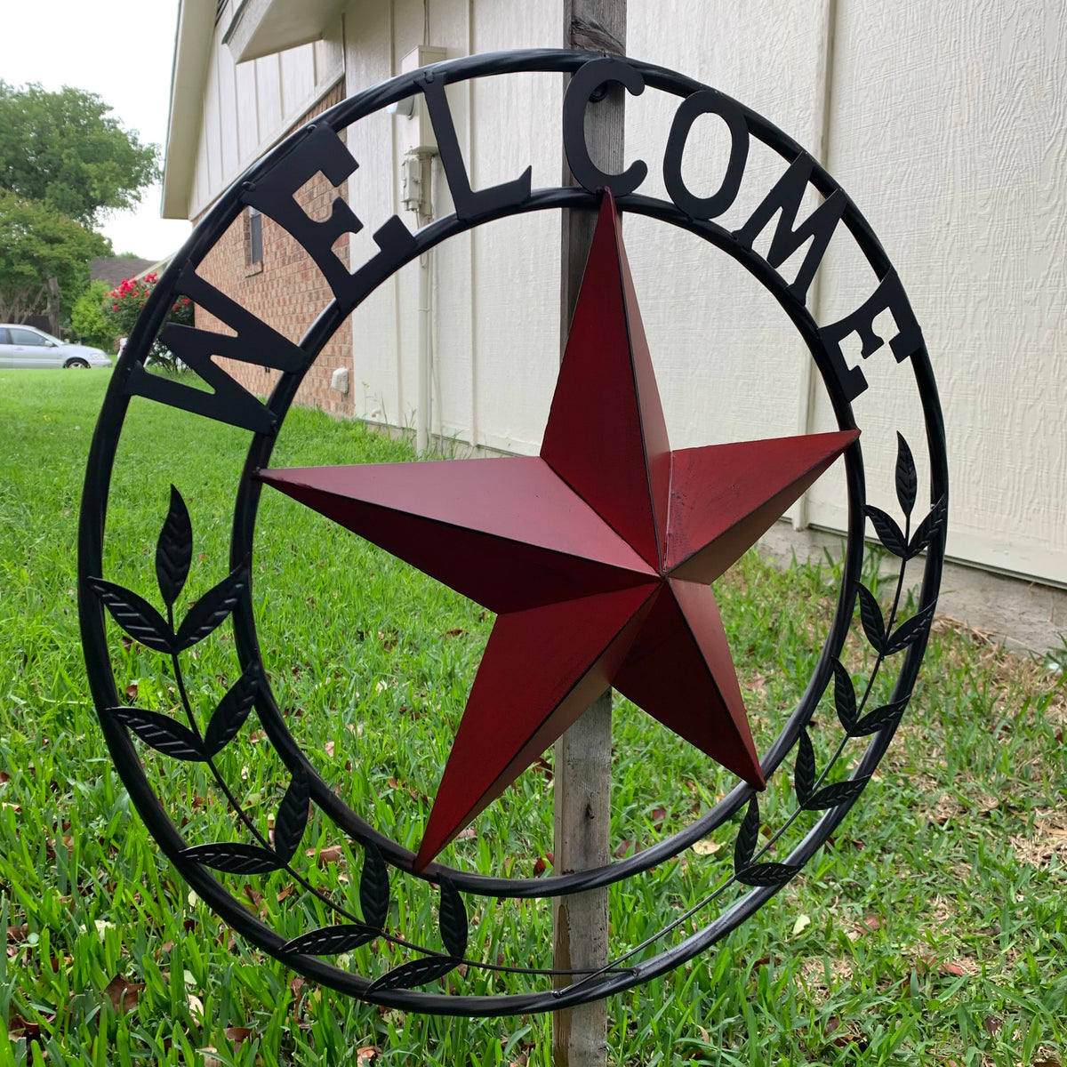 24" WELCOME LEAF LEAVES STAR METAL WALL ART WESTERN HOME DECOR RUSTIC RED HANDMADE
