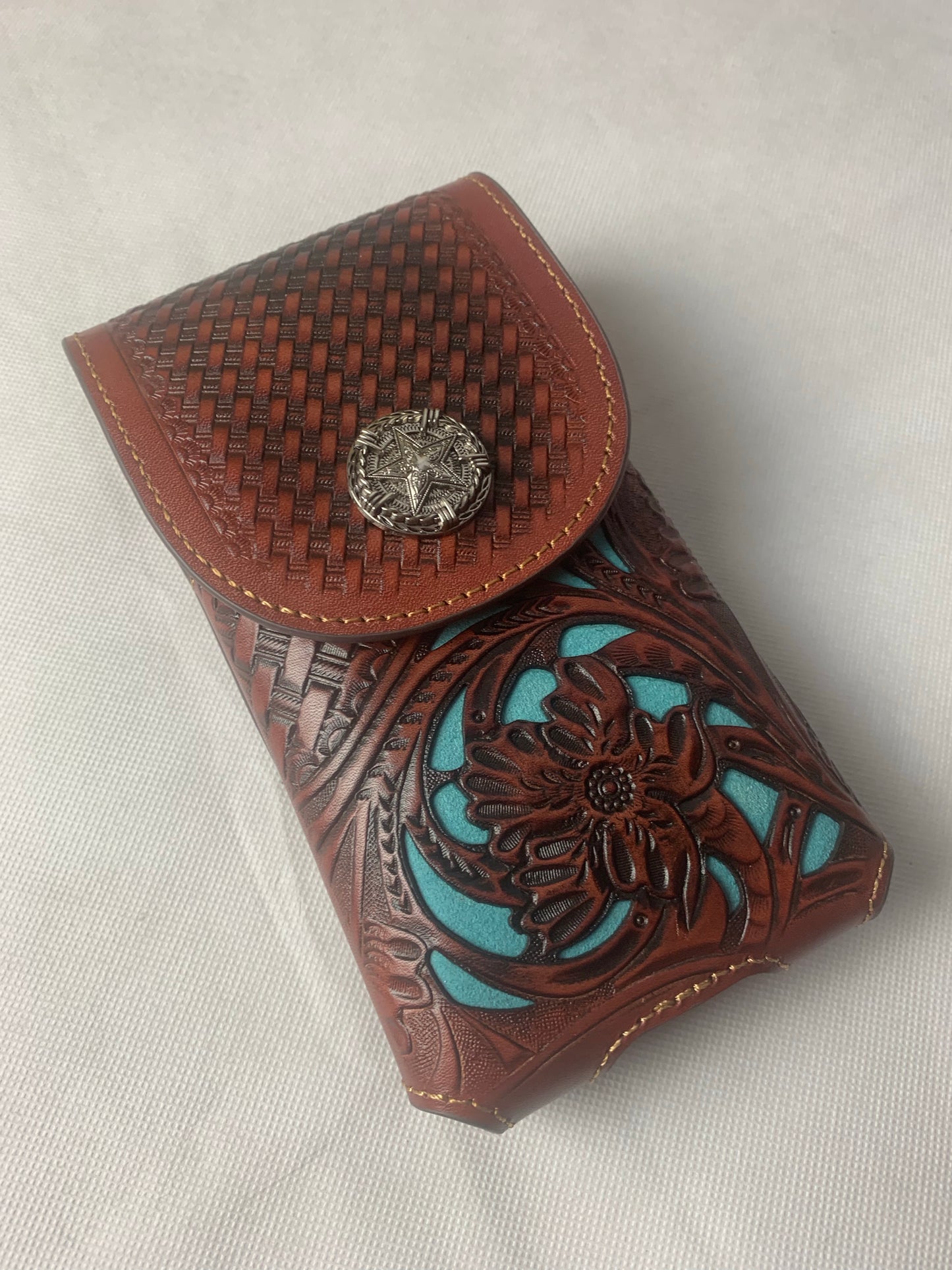 7" LONE STAR BLACK & TURQUOISE LEATHER HOLSTER POUCH EXTRA LARGE  BELT LOOP CELL PHONE CASE UNIVERSAL OVERSIZE--FREE SHIPPING