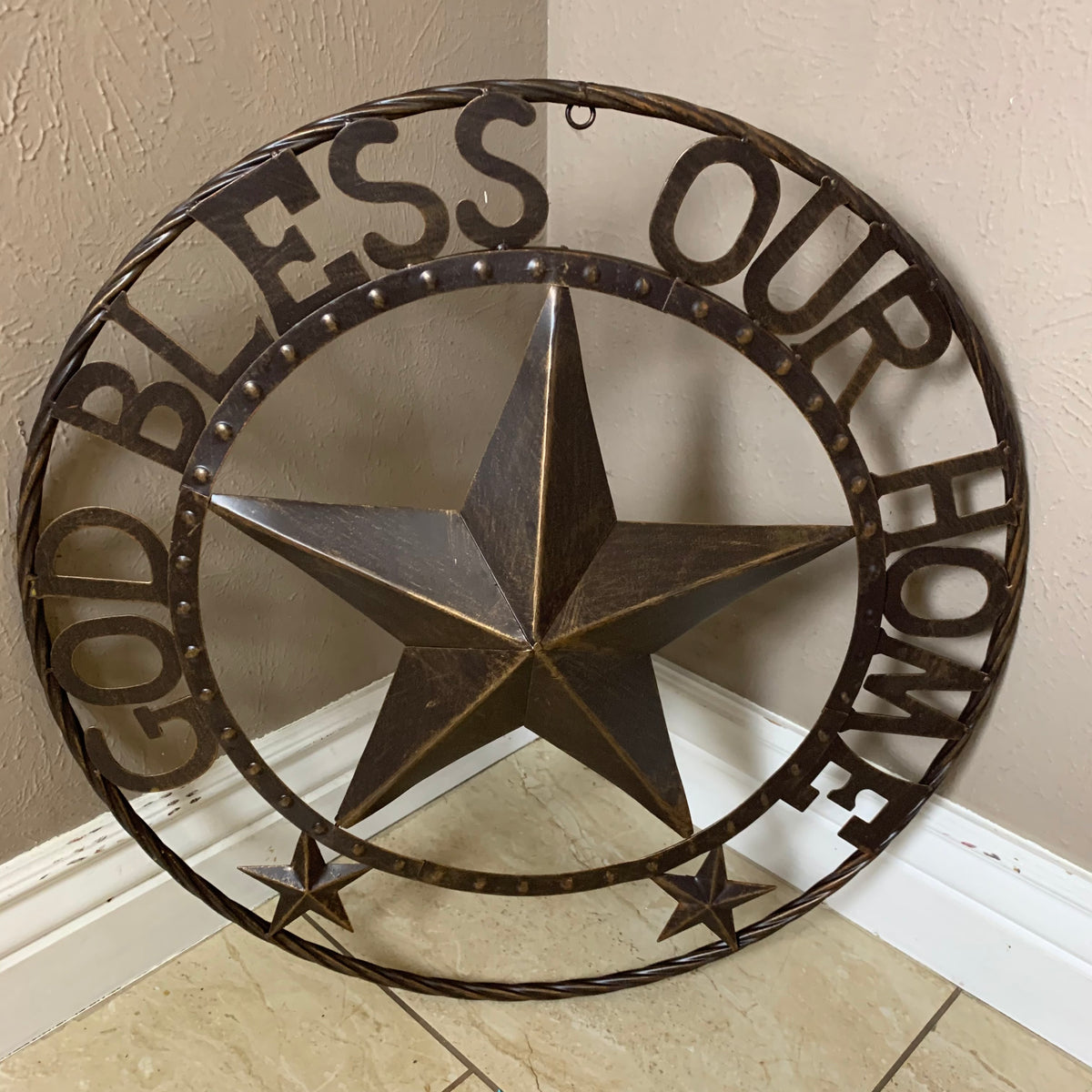 24" GOD BLESS OUR HOME BEADED STAR COLIBROX METAL TWISTED ROPE RING LONE STAR WALL ART WESTERN HOME DECOR RUSTIC DARK BRONZE COPPER HANDMADE NEW