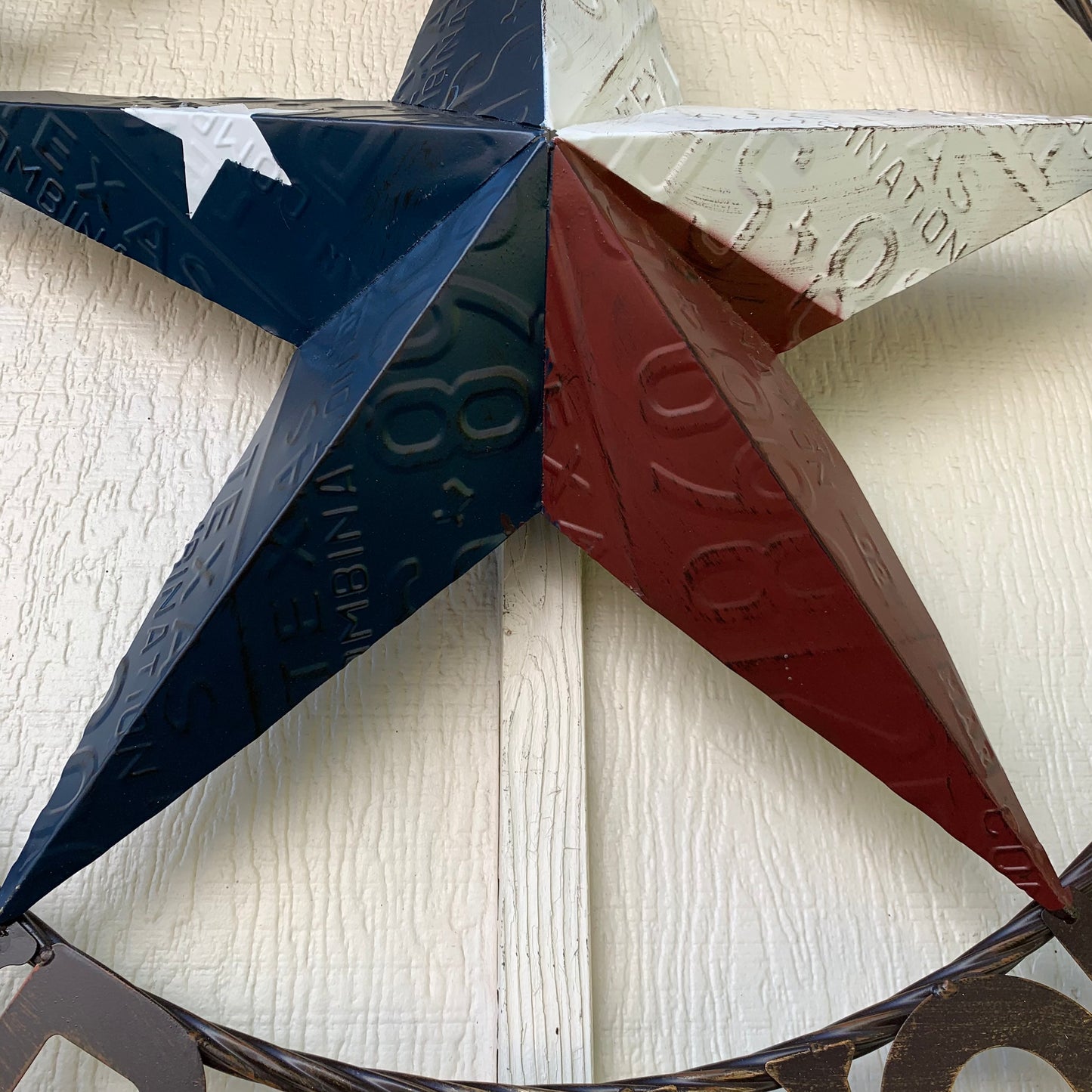 GOD BLESS OUR HOME LICENSE PLATE BARN METAL STAR ROPE RING WALL ART WESTERN HOME DECOR RED WHITE BLUE HANDMADE #EH12927