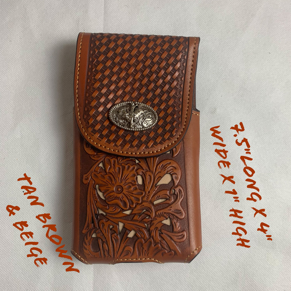 RODEO BULL RIDER TAN BEIGE LEATHER POUCH EXTRA LARGE BELT LOOP HOLSTER CELL PHONE CASE UNIVERSAL OVERSIZE HANDMADE #EH12963