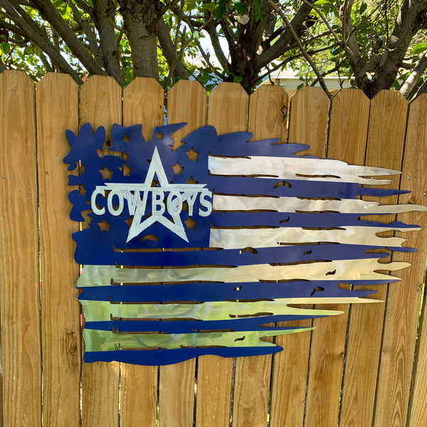 DALLAS COWBOYS METAL TATTERED FLAG BRIGHT BLUE & SILVER CUSTOM VINTAGE CRAFT TEAM SIGN HANDMADE