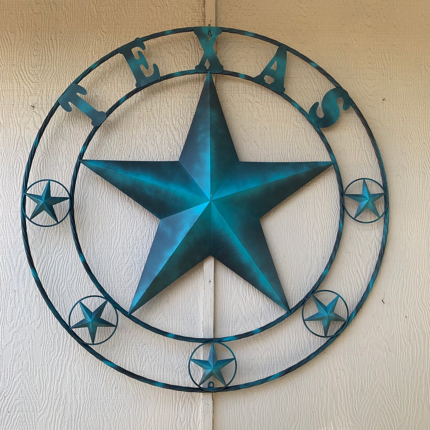 TEXAS LONESTAR TURQUOISE DISTRESSED TWO TONE METAL BARN STAR TWISTED ROPE RING WALL ART WESTERN HOME DECOR HANDMADE NEW #EH10483