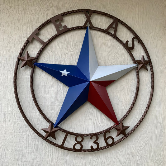 TEXAS 1836  FLAG STAR RED WHITE BLUE BARN STAR TWISTED ROPE RING BRONZE WESTERN HOME DECOR  #EH10958