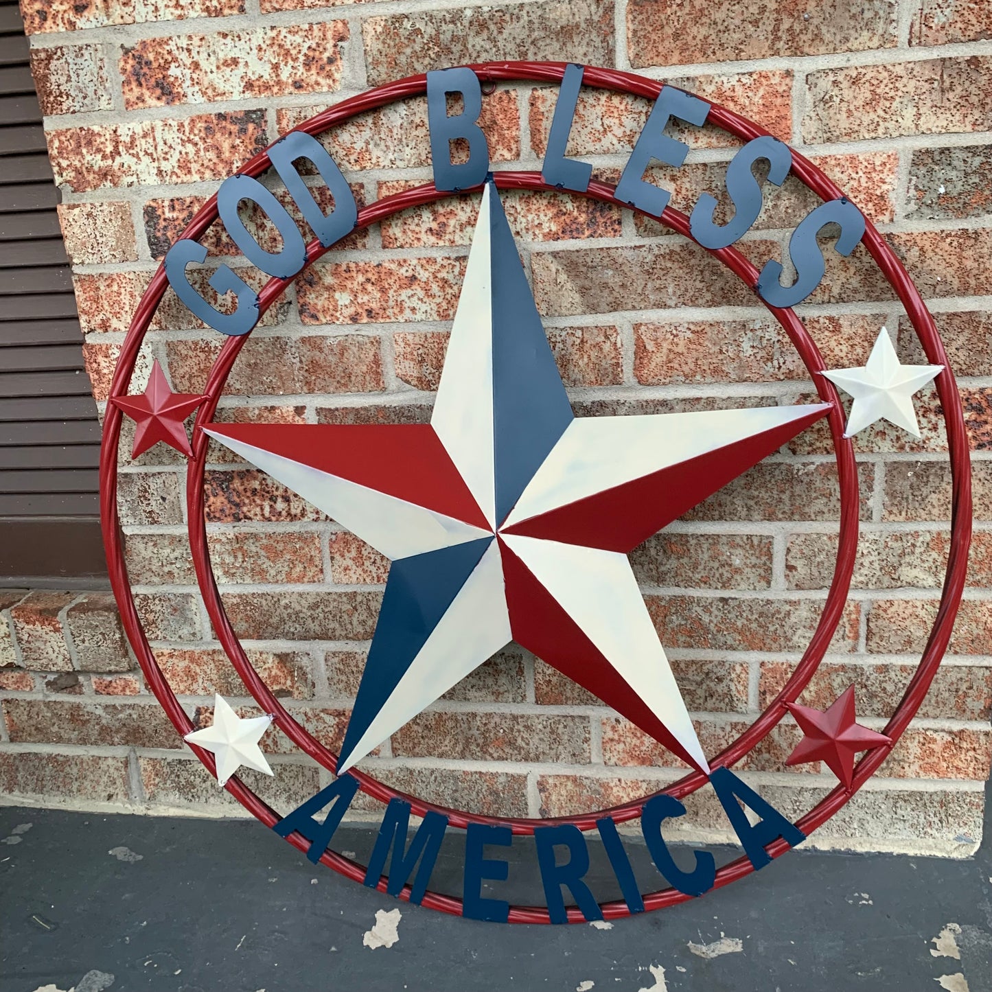 #EH10489 GOD BLESS AMERICA USA FLAG BARN STAR METAL RED WHITE BLUE WESTER HOME DECOR HANDMADE NEW