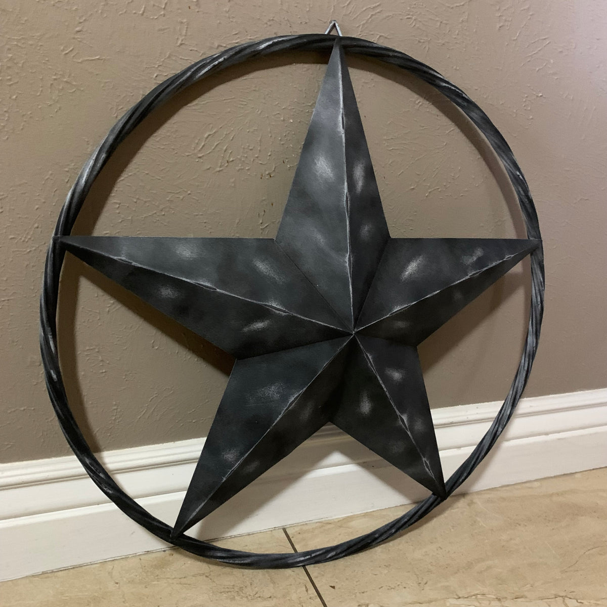 RUSTIC BLACK DISTRESSED TWO TONE BARN LONE STAR ROPE RING METAL WALL ART WESTERN HOME DECOR HANDMADE
