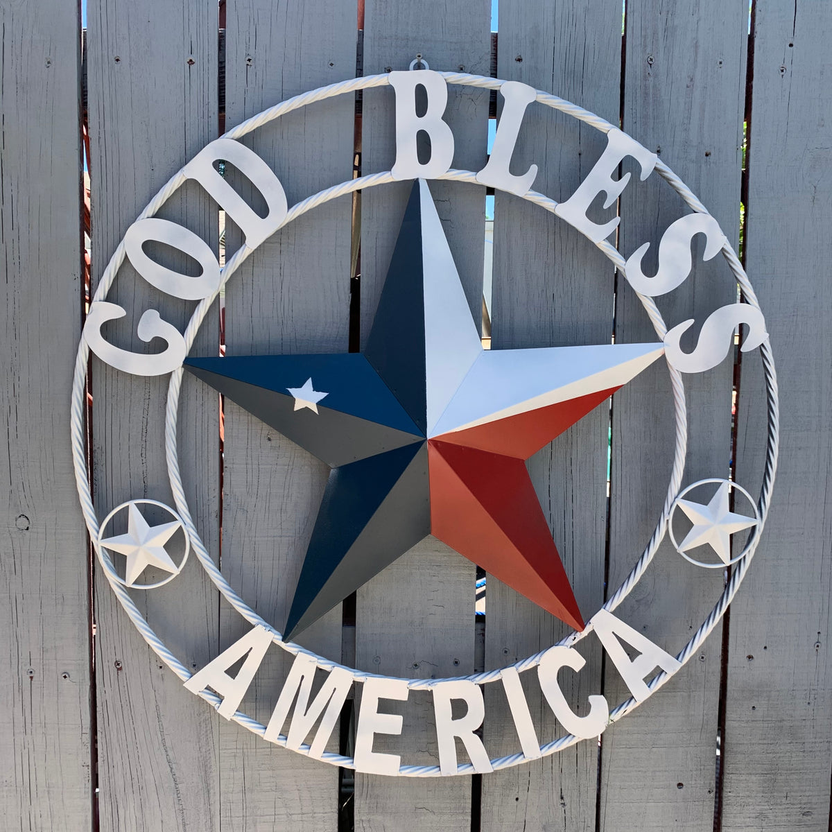GOD BLESS AMERICA WHITE RING & RED WHITE BLUE BARN METAL STAR TWISTED RING HANDMADE NEW