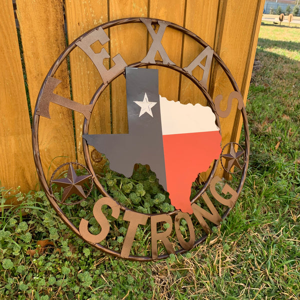 TEXAS STRONG SIGN METAL WALL ART WESTERN HOME DECOR RED WHITE BLUE WITH BRONZE RING HANDMADE #EH13212