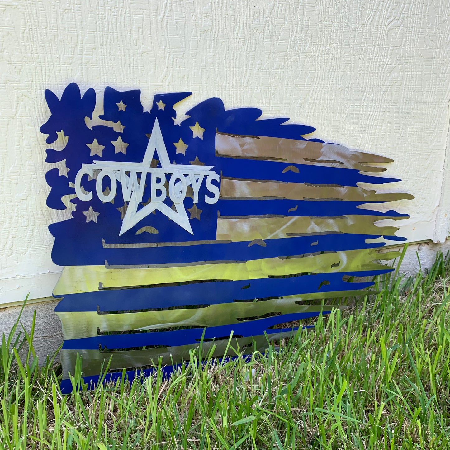 DALLAS COWBOYS METAL TATTERED FLAG BRIGHT BLUE & SILVER CUSTOM VINTAGE CRAFT TEAM SIGN HANDMADE