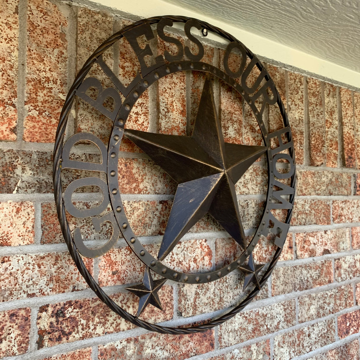 24" GOD BLESS OUR HOME BEADED STAR COLIBROX METAL TWISTED ROPE RING LONE STAR WALL ART WESTERN HOME DECOR RUSTIC DARK BRONZE COPPER HANDMADE NEW