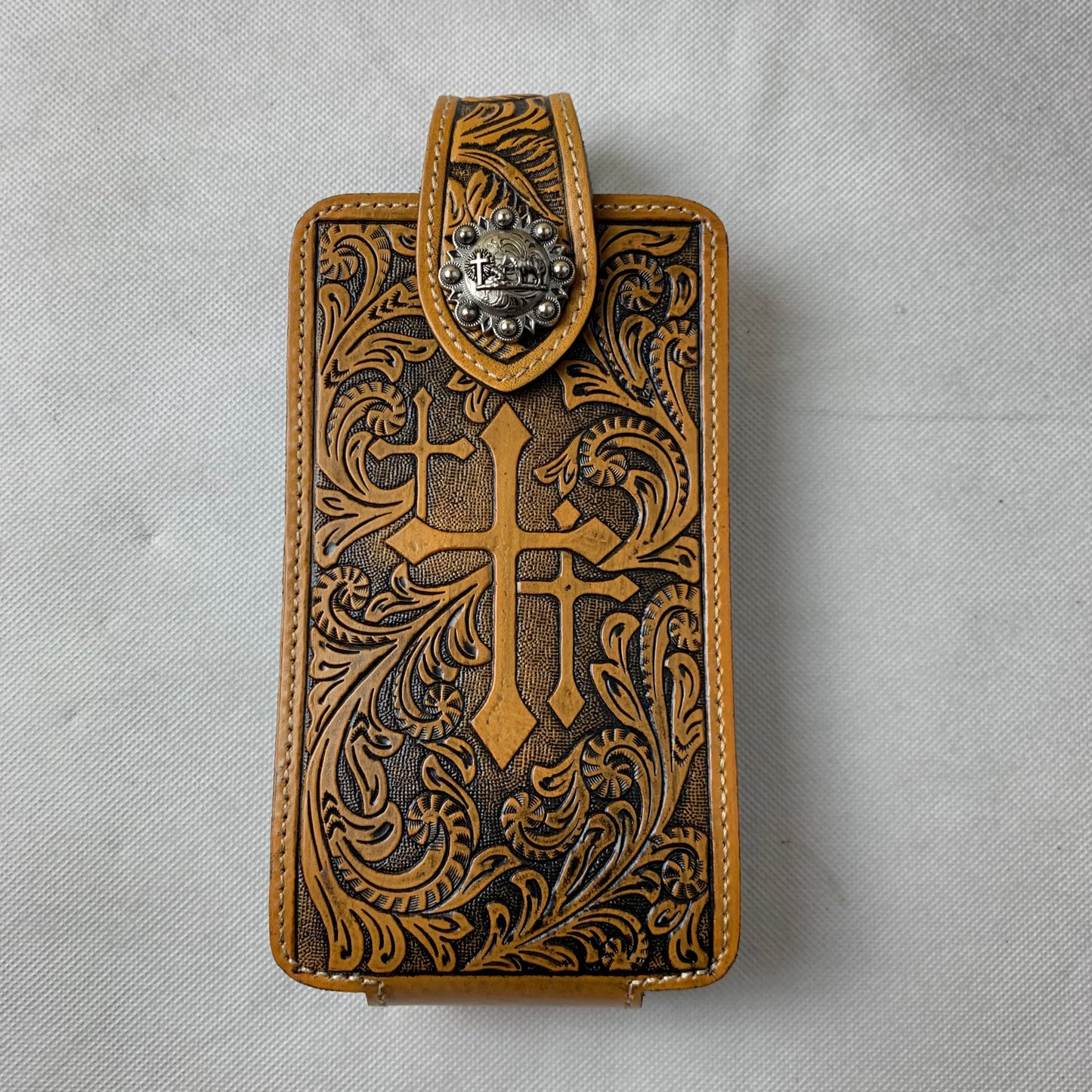 7" COWBOY PRAYER CROSS TAN BROWN  LEATHER POUCH EXTRA LARGE  BELT LOOP HOLSTER CELL PHONE CASE UNIVERSAL OVERSIZE #EH12968
