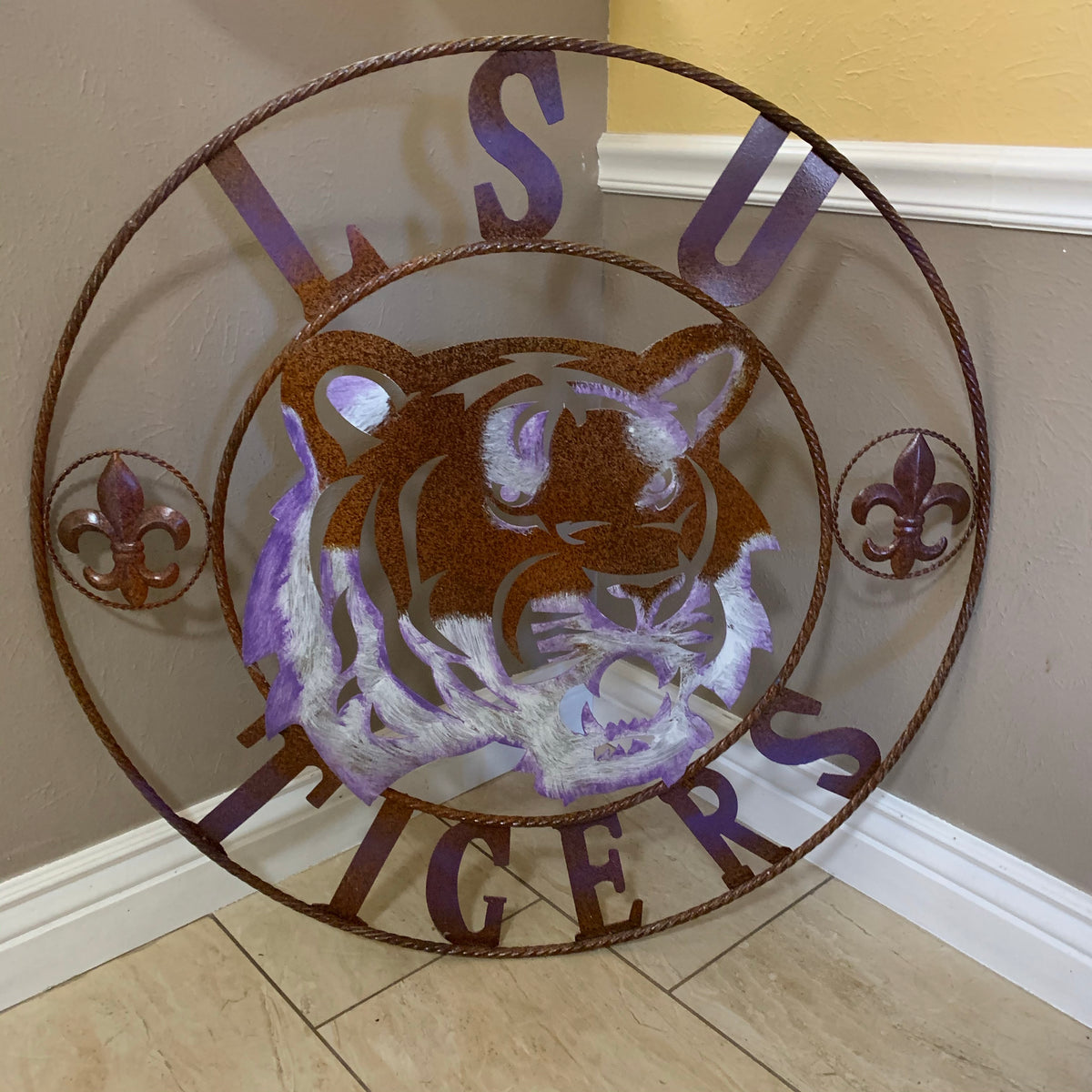 LSU TIGERS PURPLE WHITE CUSTOM METAL VINTAGE CRAFT SIGN TEAM WALL ART WESTERN HOME DECOR HANDMADE