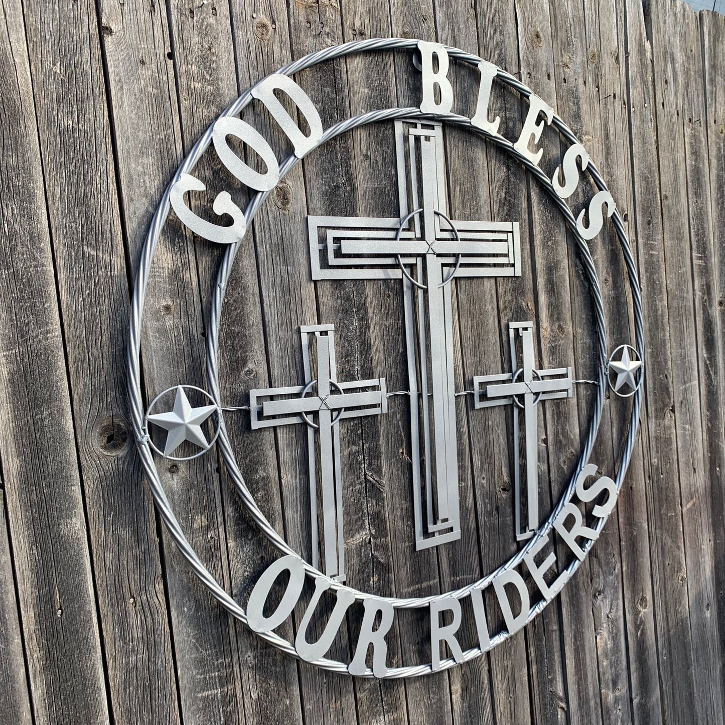 40"GOD BLESS OUR RIDERS CRUCIFIX GREY CROSS METAL WALL ART HANDMADE